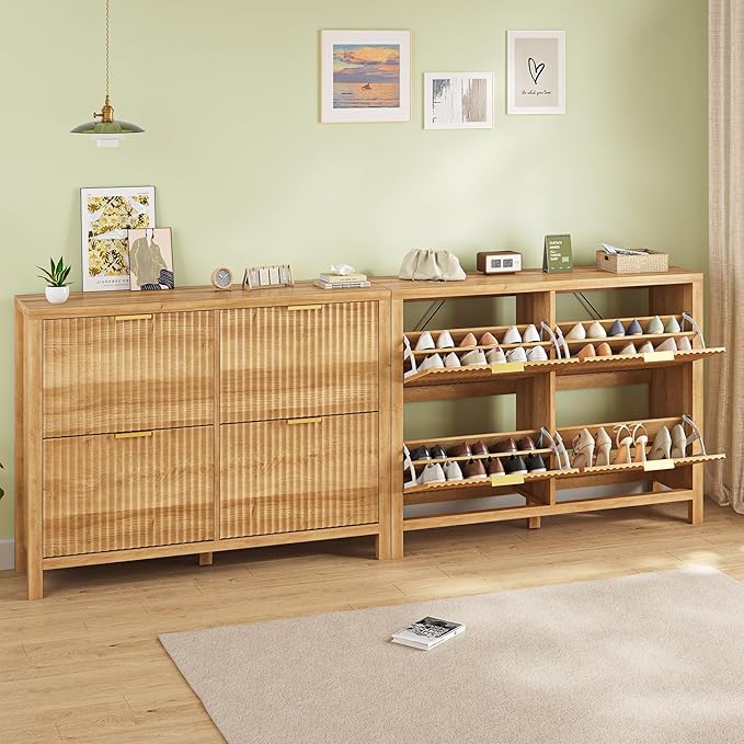 Shoe Cabinet Storage for Entryway, Fluted Shoe Cabinet with 4 Flip Drawers, Hidden Shoe Rack Freestanding Wooden Shoe Organizer with Legs for Hallway, Oak-NeatNest