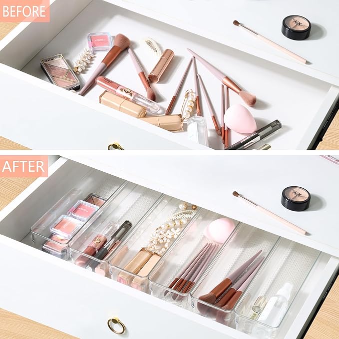 ihomecooker 6 Set Clear Plastic Junk Drawer Organizer Vanity Curlery Utensil Makeups Organizer for Kitchen 12'' X 3''-NeatNest