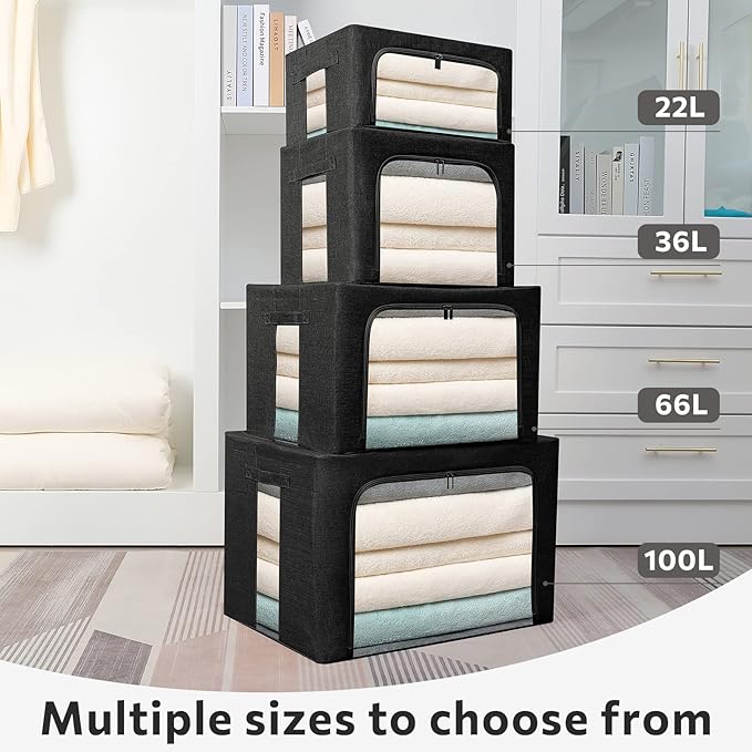 2 Pack Clothes Storage Bins Stackable Metal Frame Storage Box Foldable Linen Fabric Box Organizer with Carrying Handles and Clear Window (Black, 15.7x 11.8x 11.7 Inch)-NeatNest