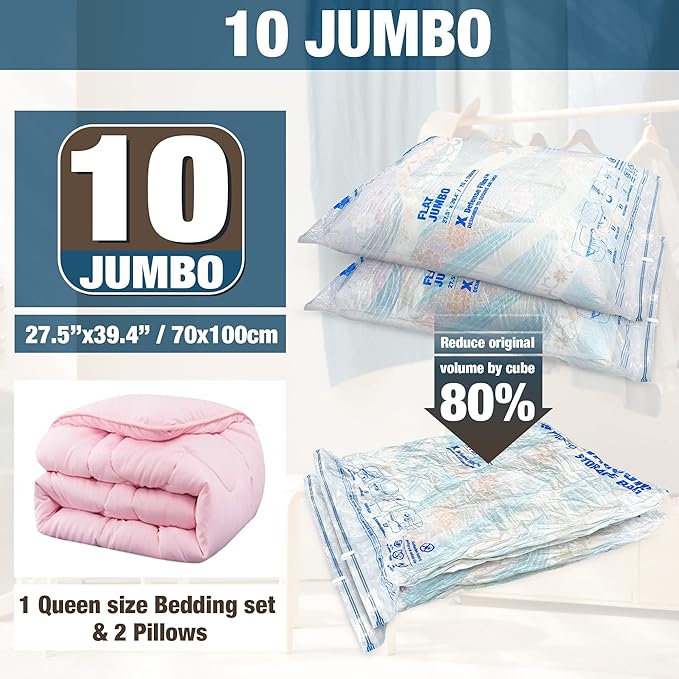 HIBAG Vacuum Storage Bags, 10 Jumbo Space Saver Vacuum Seal Bags, Space Bags, Vacuum Sealer Bags for Clothes, Comforters, Blankets, Bedding (10J)-NeatNest