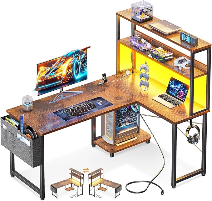 Casaottima Gaming Desk with Power Outlets & LED Lights, 43 Inch Reversible L Shaped Computer Desk with Shelves & Storage Bag, Corner Desk for Home Office, Vintage-NeatNest