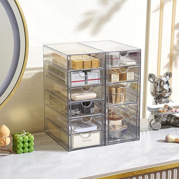 Prsildan Acrylic Drawer Makeup Organizer with 10 Drawers, Set of 2 Office Desk Organizers Accessories, Clear Stackable Storage Drawers for Vanity, Countertop, Craft, Jewelry, Art Supply Organization-NeatNest