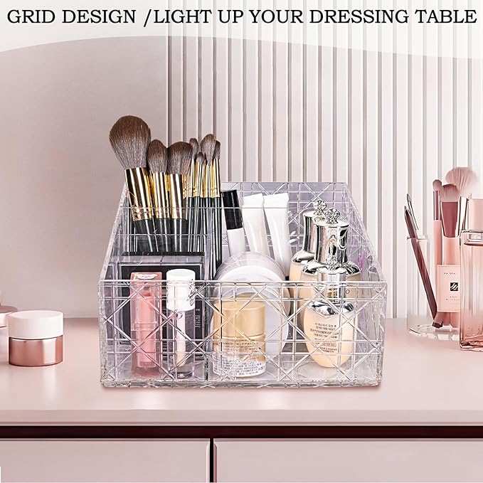 Acrylic Makeup Organizer, Clear Cosmetic Brush Storage Box With 4 Brush Holders,Large-capacity Split Design Can Quickly Organize the Desktop Skincare, Hair Tools, Brushes,Perfume-NeatNest