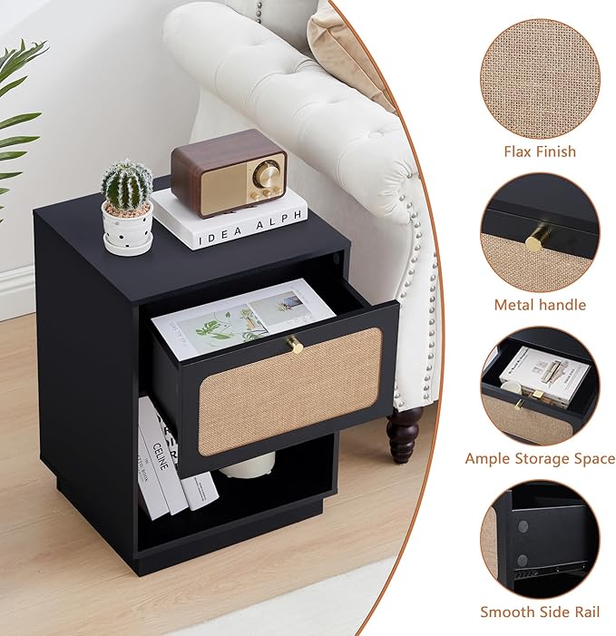 Mid Century Night Stand Set of 2, Modern Nightstand with Drawer & Curved Linen Panel, Farmhouse End Table Wood Bedside Table Small Side Tables for Small Space, Bedroom (Black)