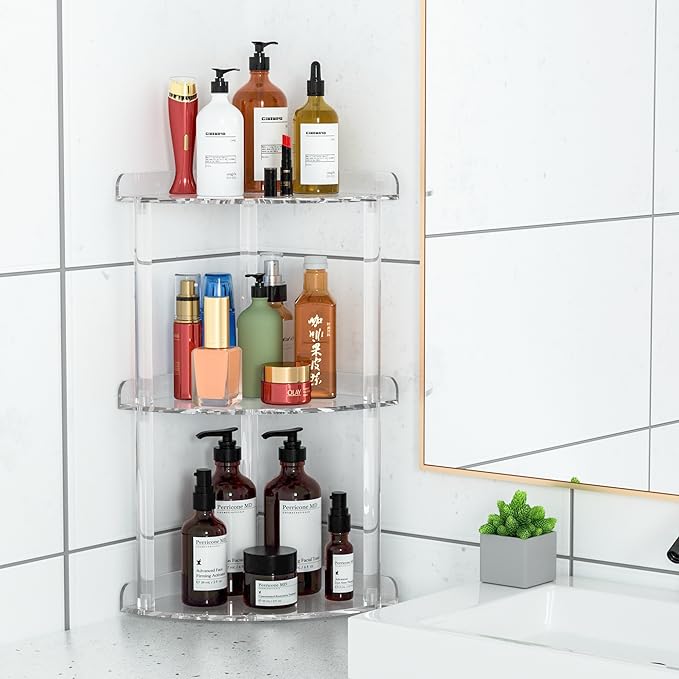3 Tier Countertop Corner Organizer Shelf 7x7x15.7 Inch, Countertop Acrylic Bathroom Corner Shelf, Clear Vanity Storage Organizer for Cosmetics, Toiletries-NeatNest