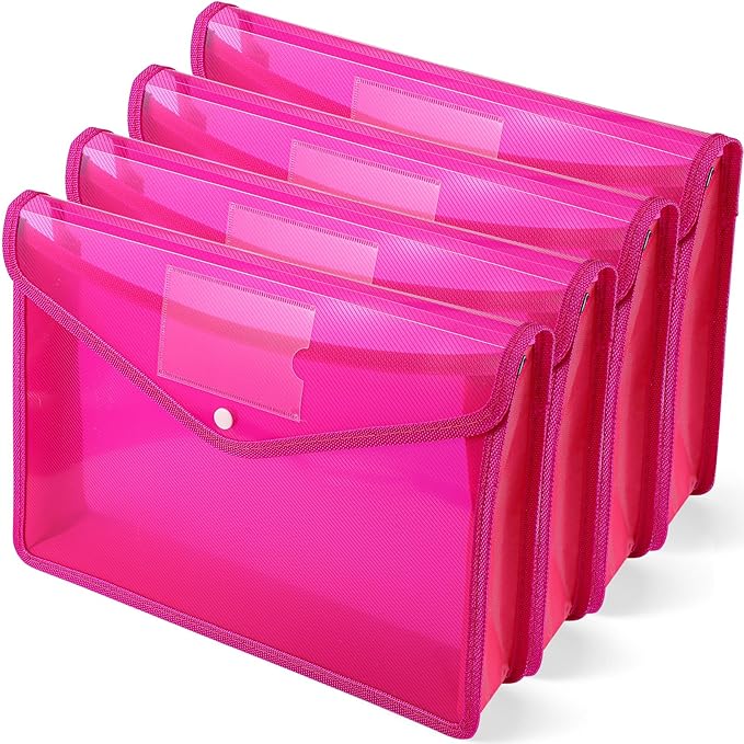 4 Pack A4 Expanding Plastic File Folders Waterproof Document Organizer with Snap Button Multiple Pockets, Office Home Office Storage (Rose Red)