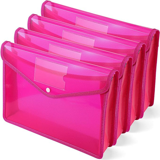 4 Pack A4 Expanding Plastic File Folders Waterproof Document Organizer with Snap Button Multiple Pockets, Office Home Office Storage (Rose Red)