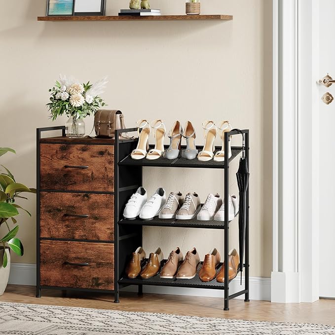 Somdot Shoe Rack, 3 Tier Shoe Organizer with 3 Drawers, Metal Shoe Storage Shelf for 6-9 Pairs of Shoes, Narrow Shoe Rack for entryway, Wood Grain Print-NeatNest