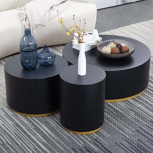 kevinplus Black Coffee Table Side Table End Table Set of 3 for Living Room, Drum Round Circle Wood Coffee Table Modern Contemporary Coffee Table Set for Apartment Office, No Assembling, Black (3-Pcs)
