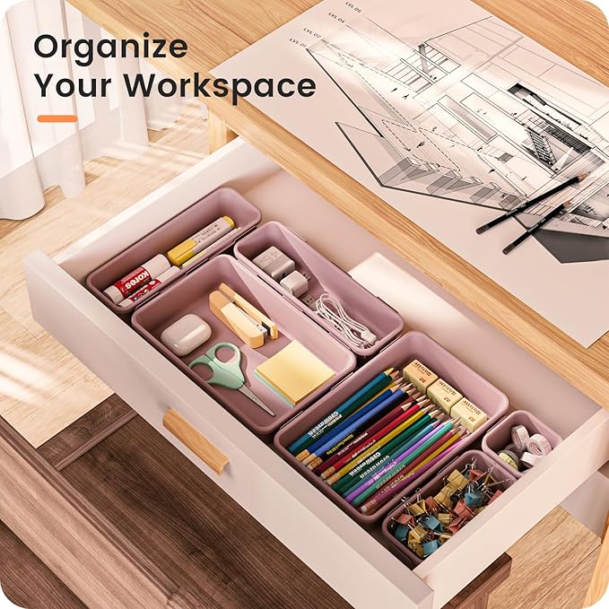 A-LuGei 【28PCS】 Drawer Organizer, Bathroom Organizers and Storage, Makeup organizer, Desk drawer organizer, Storage Bins for Kitchen Office Bedroom Vanity Jewelry Pantry Garage【Purple】【4Size】-NeatNest
