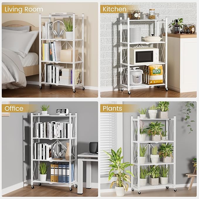 ALANNG Storage Shelves with Wheels, Bookshelf with Storage, No Assembly Metal Rack Cart for Kitchen, Office, Laundry, Garage (4 Tier, White)