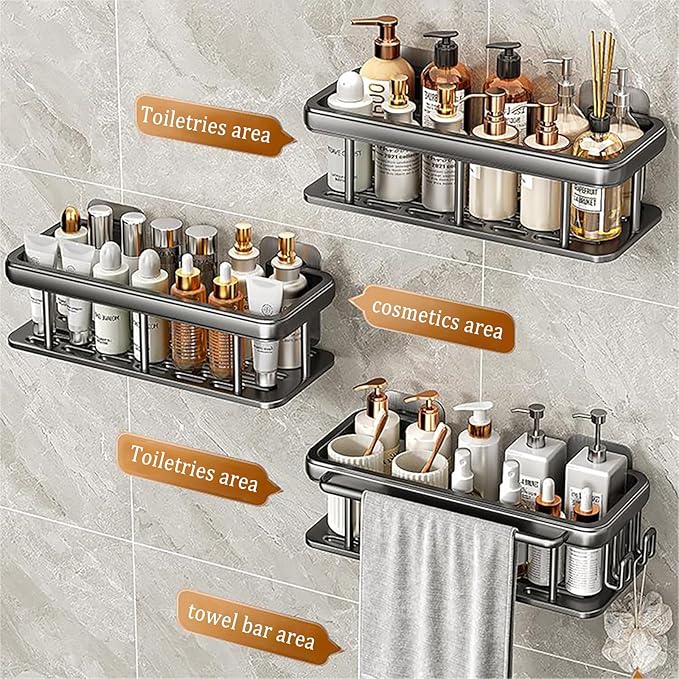 EVALAND Aluminum Shower Caddy, Adhesive Shower Shelves, 2-Pack with Hooks and Rod for Towels, No Drill Wall Mount Rustproof Premium Organizer for Bathroom, Kitchen, Black