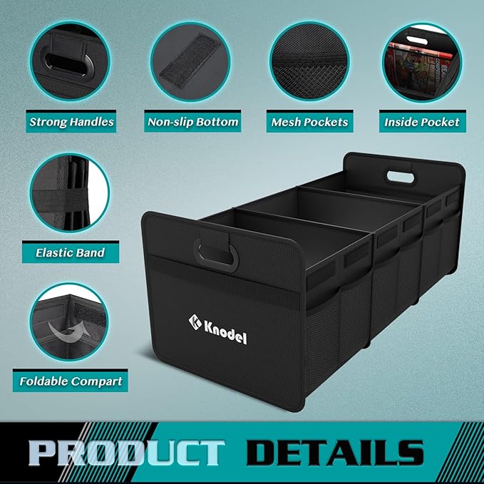 K KNODEL Car Trunk Organizer, Foldable Organizer for Car, Automotive Consoles & Organizers, 3 Compartments Storage with Reinforced Handles (Large, Black)-NeatNest