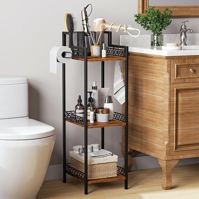 3-Tier Bathroom Shelf Organizer with Hair Dryer Holder and Toilet Paper Hook, 9.85" Slim Metal Stand for Small Spaces, Holds 50lbs - Freestanding Storage for Towels, Toiletries-NeatNest