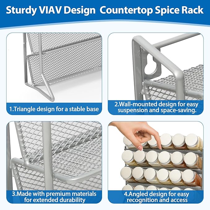 1PCS 4Tier Spice Rack for Counter Free Standing,Spice Rack for Inside Cupboard Hanging Wall Mounted Spice Seasoning Organiser Spice Jars Bottle Organizer for Kitchen Pantry（Silver）-NeatNest
