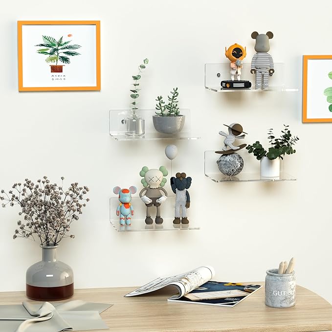 9 Inch Clear Wall Shelves, Acrylic Small Floating Shelf, Home Wall Display Shelf for Storage, Room Décor, Space Saving, Items Organizer, Bathroom Organizer, 4 Pack-NeatNest