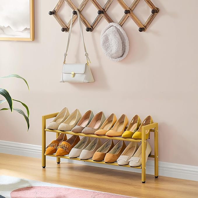 FAVOOSTY 2-Tier Expandable Shoe Rack, Adjustable Shoe Shelf Storage Organizer Space Saving Metal Free Standing Shoe Rack for Entryway Closet Doorway, Gold-NeatNest