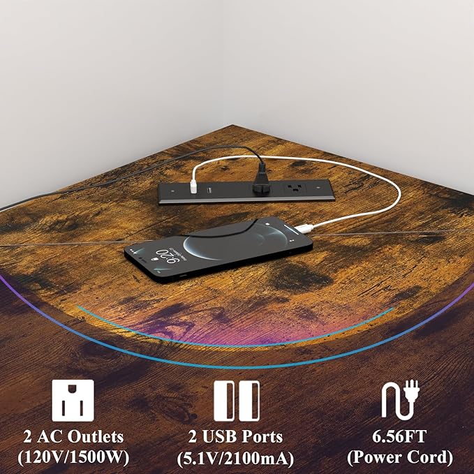 Corner Desk with Outlets & USB Ports, 90 Degree Triangle Corner Table with CPU Stand & Storage Shelves for Small Space, Computer Table with Charging Station for Home Office Bedroom (Rustic)-NeatNest