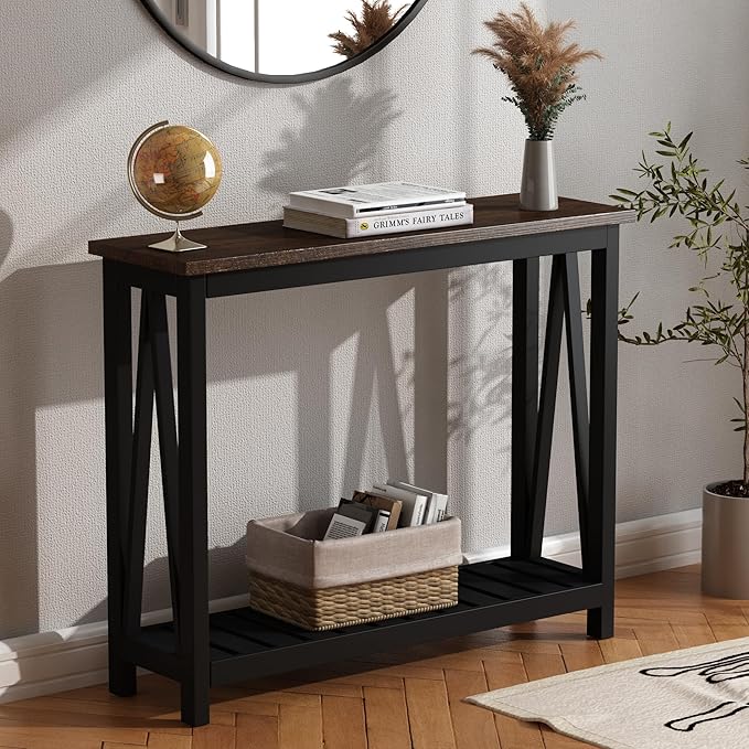 ChooChoo Console Table for Entryway Sofa Tables Living Room Farmhouse, Hallway Foyer Table Narrow with Shelf, Black-NeatNest