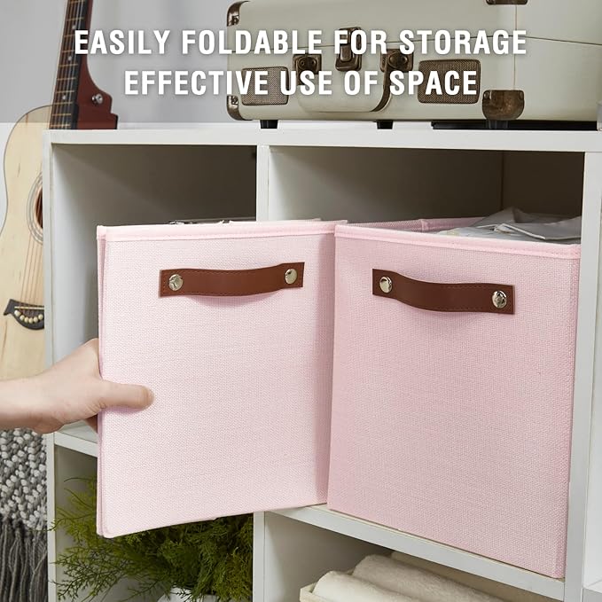 Collapsible Fabric Storage Cube Bins with 2 Reinforced PU Handles, Foldable Storage Organizer Baskets for Closet, Shelves, Living Room | 11"x11"x11", 4 Pack, Full Pink-NeatNest