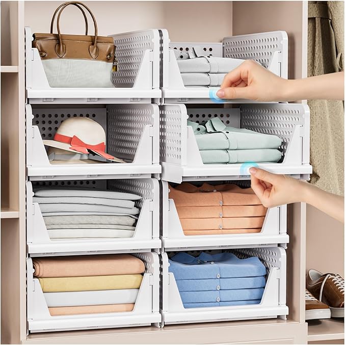 5 Pack Stackable Closet Storage Basket - Stackable Storage Bins, Multifunctional & Foldable Closet Organizer, Wardrobe Cupboard Space-Saving Hat Storage Drawer Organizer, White-NeatNest