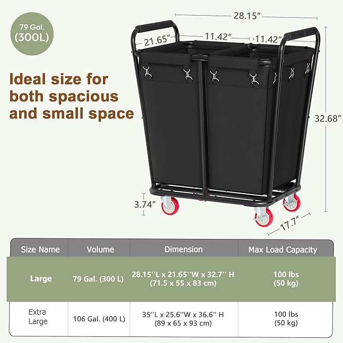 Hoctieon 2 Section Laundry Sorter Cart, 300L Rolling Hamper with Wheels, Industrial Laundry Basket Organizer, Large Dirty Clothes Hamper for Home & Hotel, Heavy Duty, Black-NeatNest
