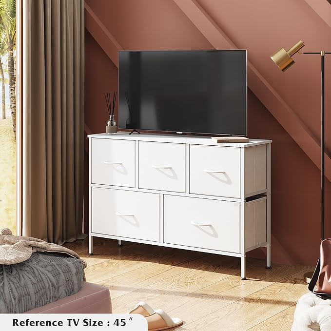 WLIVE White Dresser for Bedroom with 5 Drawers, Chest of Drawers, Fabric Small Dresser with Drawer Organizers, Storage Organizer Unit for Hallway, Entryway, Closets-NeatNest