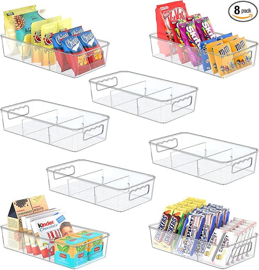 Clear Plastic Food Storage Organizer Bins,8 Pack Pantry Organizations and Storage Bins with Removable Dividers, Stackable Refrigerator Organizer Bins Fridge Organizers Kitchen Cabinet Organizers-NeatNest