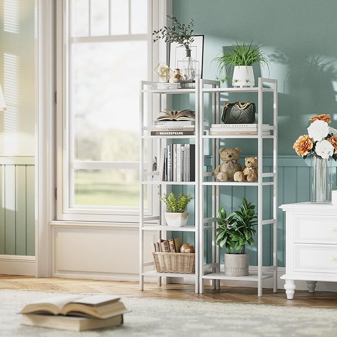 HITNET 5 Tier Bamboo Shelf, Tall Narrow Bookcase, Freestanding Bathroom Storage Unit with Adjustable Shelves, Modern Display Standing Bookshelf for Living Room, Bedroom, Home Office, White