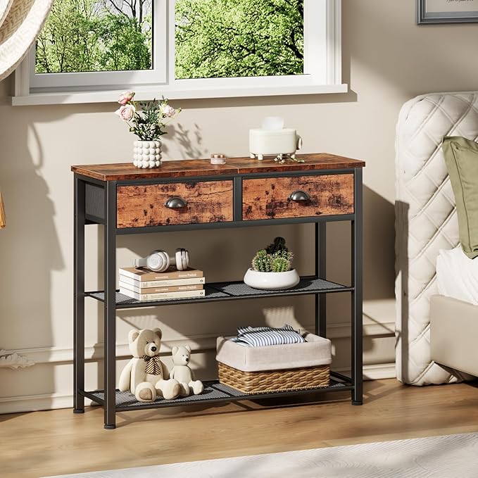 Furologee Console Sofa Table with Storage Shelf for Entry Way, Small 30'' Entryway Table with 2 Fabric Drawers, Industrial Display Shelves for Hallway, Entrance, Foyer, Rustic Brown-NeatNest