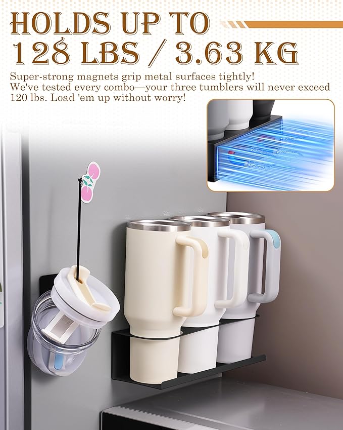 Black 2 Pack Magnetic Cup Holder with Lid Holder (1PC) Fridge for 30 & 40 oz Tumbler - Strong Fridge Mount - Water Bottle Organizer for Metal- No Drill Cup Accessories for Car, Kitchen, Office-NeatNest