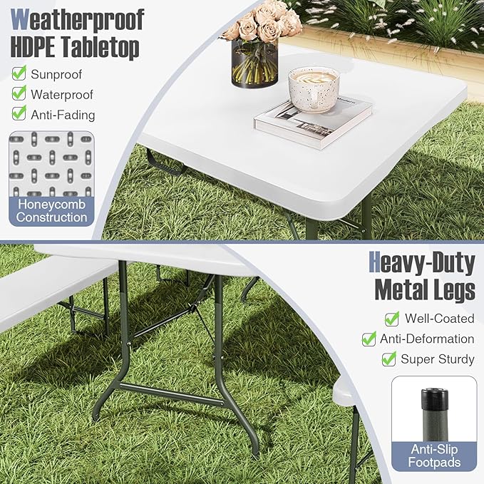 Goplus 8ft Plastic Folding Table, 350 LBS Outdoor Heavy Duty Folding Tables with HDPE Tabletop, Handle, Lock, Foldable Rectangle Portable Utility Card Table for Picnic, Party, Camping, Dining-NeatNest