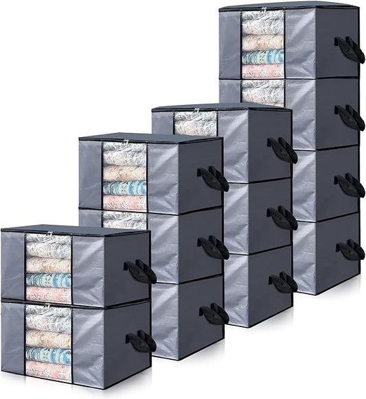 Cosy Family 12 Pack 90L Heavy Duty Extra Large Moving Bags with Reinforced Handle - Strong Handles & Zippers, Storage Totes For Space Saving, Fold Flat, Alternative to Moving Box, Grey-NeatNest