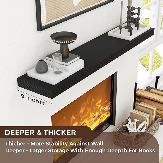 Floating Shelves for Wall, 48"W x 9"D x 1.5"H, 1 Pack of Long Wall Mounted Engineered Wood Shelves with Invisible Brackets for Living Room, Bedroom, Bathroom, Kitchen Decor and Storage, Black-NeatNest