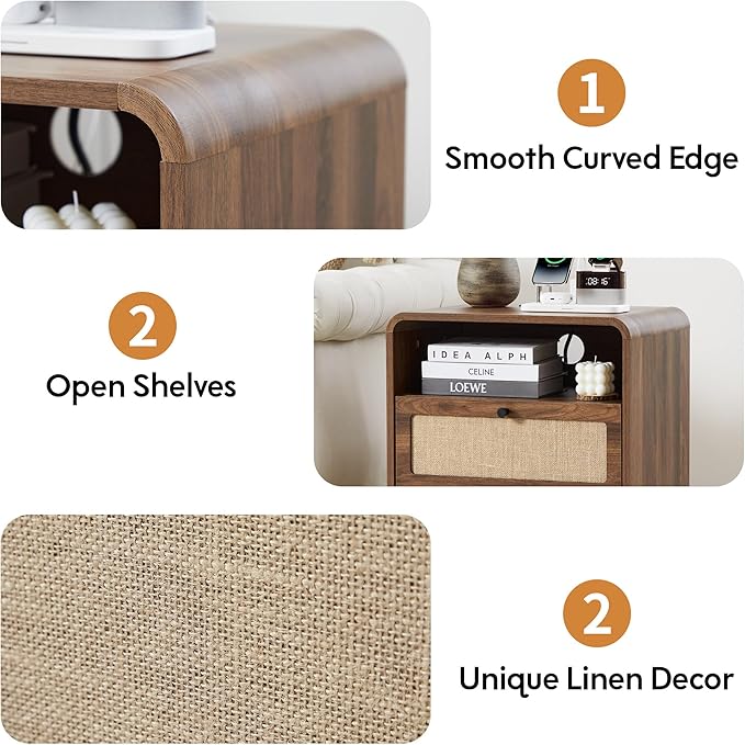 20" Wood Nightstand wiht 2 Drawer & Charging Station, Mid-Century Farmhouse Bedside End Table with Linen Decor, 2AC+USB+Type-C Port, Side Table with Storage for Livng Room (Walnut-charging)