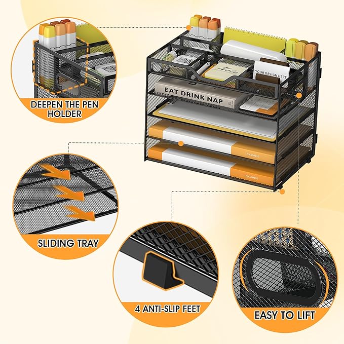 5 Tier Paper Letter Tray with 3 Drop-in Pen Holders, Mesh Desk File Organizer with Handle, Desk Organizers and Accessories for School,Home, Office Supplies Storage-Black-NeatNest