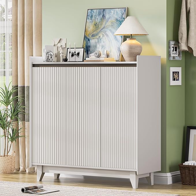 Wave Fluted Shoe Storage Cabinet with 3 Doors, 6-Tier Shoe Cabinet with Adjustable Shelves, 43.7”H Tall Shoe Cabinet Storage for Entryway Hallway White Shoe Rack Organizer Freestanding Cabinet-NeatNest