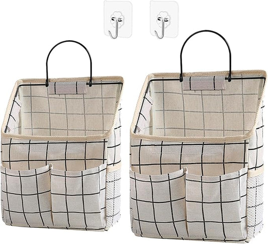 2 Pack Wall Hanging Storage Bags, Organizer with Pockets, Storage for Dormitory Bathroom Bedroom Kitchen (White Grid)-NeatNest