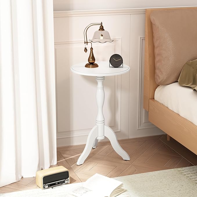 HLR Round Small End Table, Wooden Pedestal Side Coffee Tables, Vintage Accent Nightstand for Living Room, Bedroom, Entryway (1, Solid White)