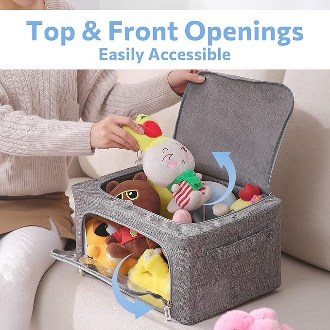 3Pack Foldable Storage Bins - Frame Storage Box Linen Fabric Stackable Clothes Container Organizer with Clear Window & Carry Handles Large Capacity (Small-22L, Dark Gray)-NeatNest