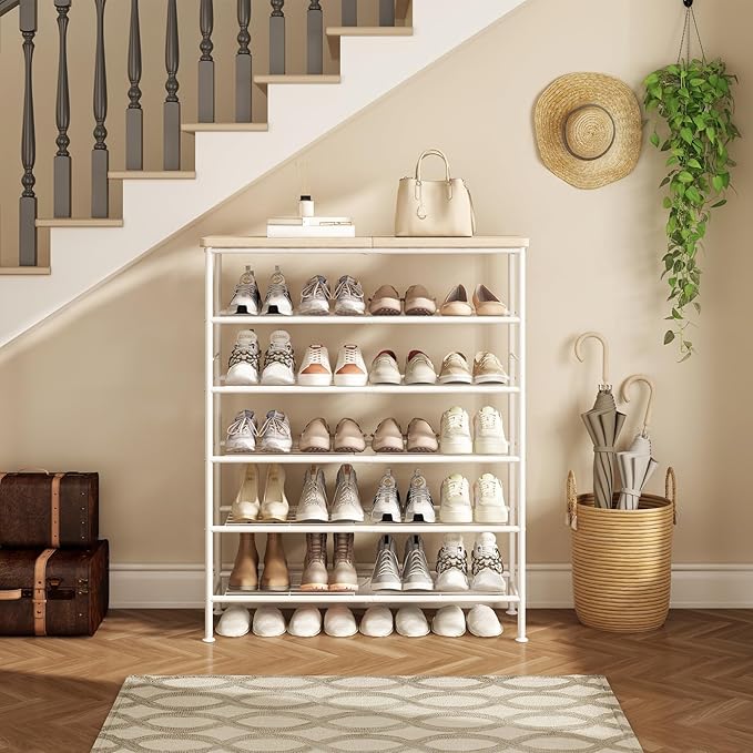 Shoe Rack Organizer 6 Tier for Closet Entryway Free Standing Metal Storage Shoe Shelf with MDF Top Board，White+Oak-NeatNest