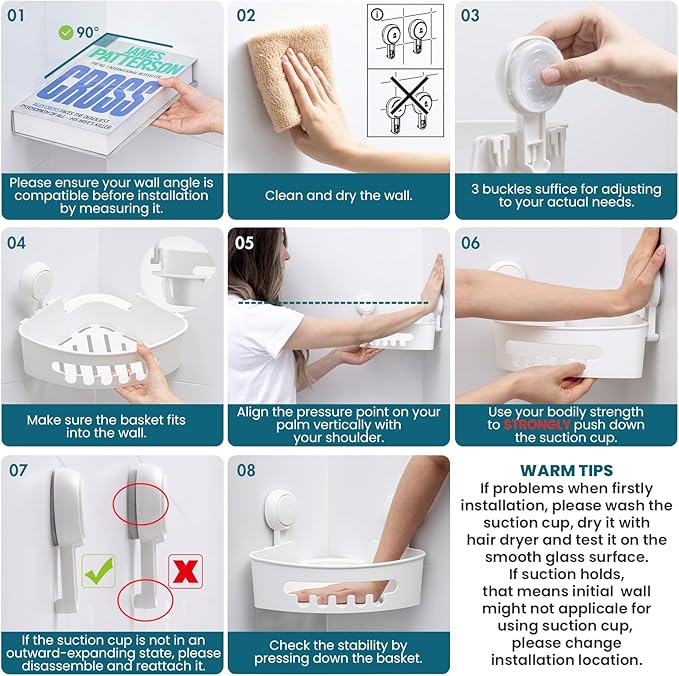 TAILI Corner Shower Caddy with Suction Cups, Wall Mounted Organizer Plastic Rack for Small Bathrooms, Kitchen, Removable Drill-Free Heavy Duty Shelf Basket, White