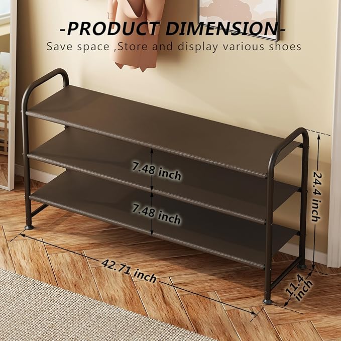 Shoe Rack 3 Tier Long Storage Organizer Wide Metal Shoe Shelf for Closet Entryway Brown-NeatNest