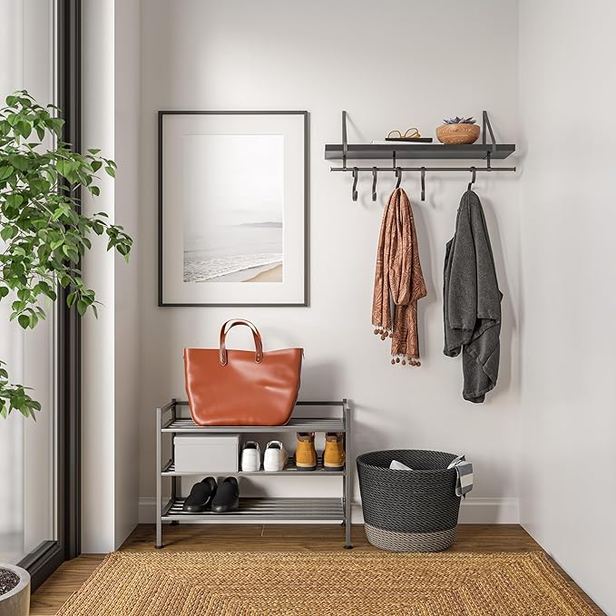Seville Classics Sturdy Freestanding Storage Shelf for Bedroom, Closet, Entryway, Dorm Room Organizer Stackable Durable Metal Shoe Rack Ash Gray Slat, 3-Tier-NeatNest