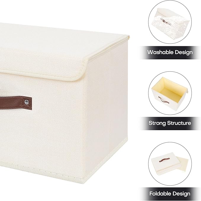 ANMINY 4PCS Storage Bins with Lid PU Leather Handles Storage Boxes PP Plastic Board Decorative Foldable Lidded Cotton Linen Fabric Home Cubes Baskets Closet Organizer Containers - Beige, Large Size-NeatNest