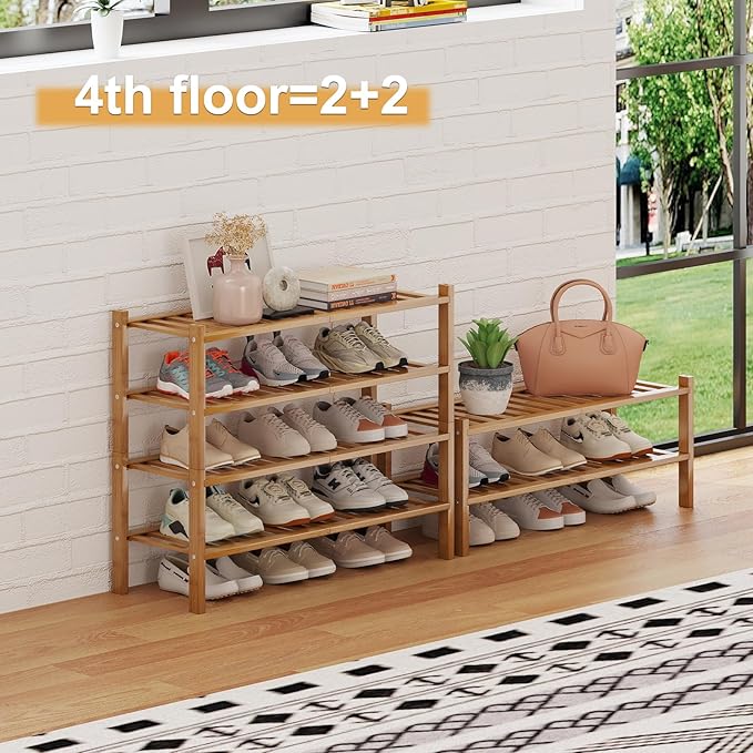 Bamboo Shoe Rack Organizer for Closet and Entryway - Space-Saving Narrow Shoe Stand - Versatile Shoe Holder for Door or Closet Shelf, Bedroom can Freely Stack DIY Small Shoe Racks 3 Tier Bamboo color-NeatNest