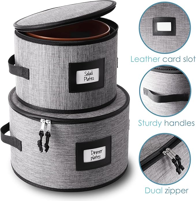 Hearth & Harbor Fine China Storage Containers, 6 Piece Dish Storage Containers, Stackable Plate Storage, Coffee Mug Storage and Wine Glass Storage Box with Dividers, Quilted Dish Organizers, Grey-NeatNest