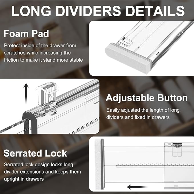 HiYZ Expandable Drawer Dividers - 12.6-22.8'' Adjustable Drawers Organizers for Kitchen Utensils, Drawer Separators in Bedroom, Dresser, Office, Bathroom, Fridge, 5 Pack Long Dividers-Clear-NeatNest