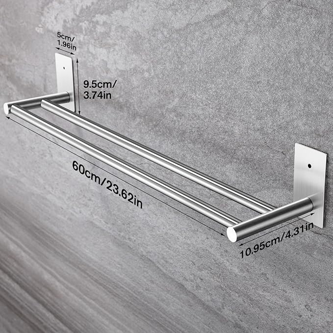 Taozun 24-Inch Bathroom Towel Bar Self Adhesive Double Towel Rack SUS304 Stainless Steel Towel Holder Towel Rail Stick on Wall