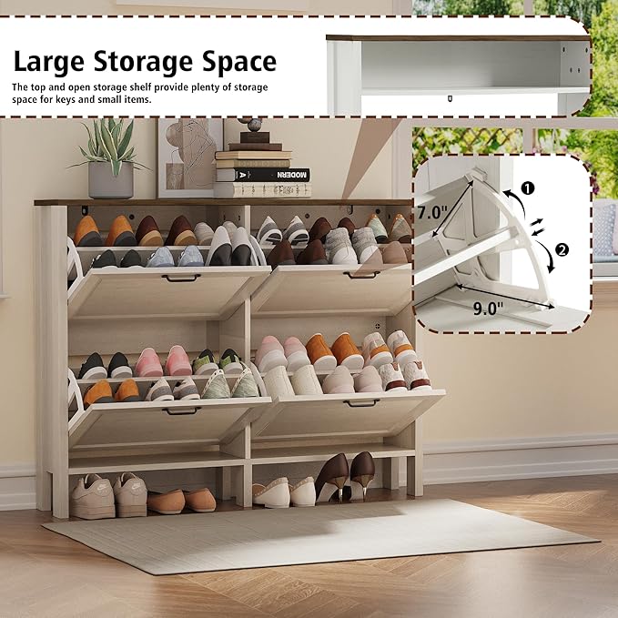 Shoe Storage Cabinet with 4 Flip Drawers, Wooden Shoe Rack with Metal Handle, Freestanding Hidden Shoe Storage Organizer with Open Shelf, Narrow Shoe Rack for Entryway, Hallway (White Brown)